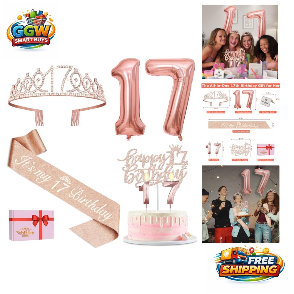 Memorable 17th Birthday Celebration Kit: Tiara, Sash, Balloons & Topper Included