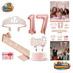 Memorable 17th Birthday Celebration Kit: Tiara, Sash, Balloons & Topper Included