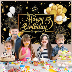 Happy Birthday Backdrop Banner, Black and Gold Birthdays Banner Backdrop, Hap…
