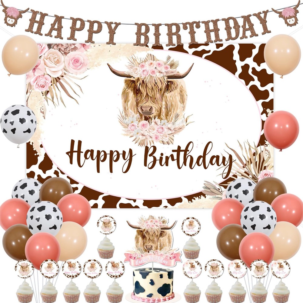 Boho Highland Cow Birthday Decorations Girl, Pink Brown Cow Balloons Party De…