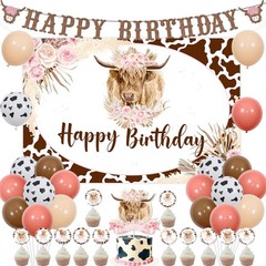 Boho Highland Cow Birthday Decorations Girl, Pink Brown Cow Balloons Party De…