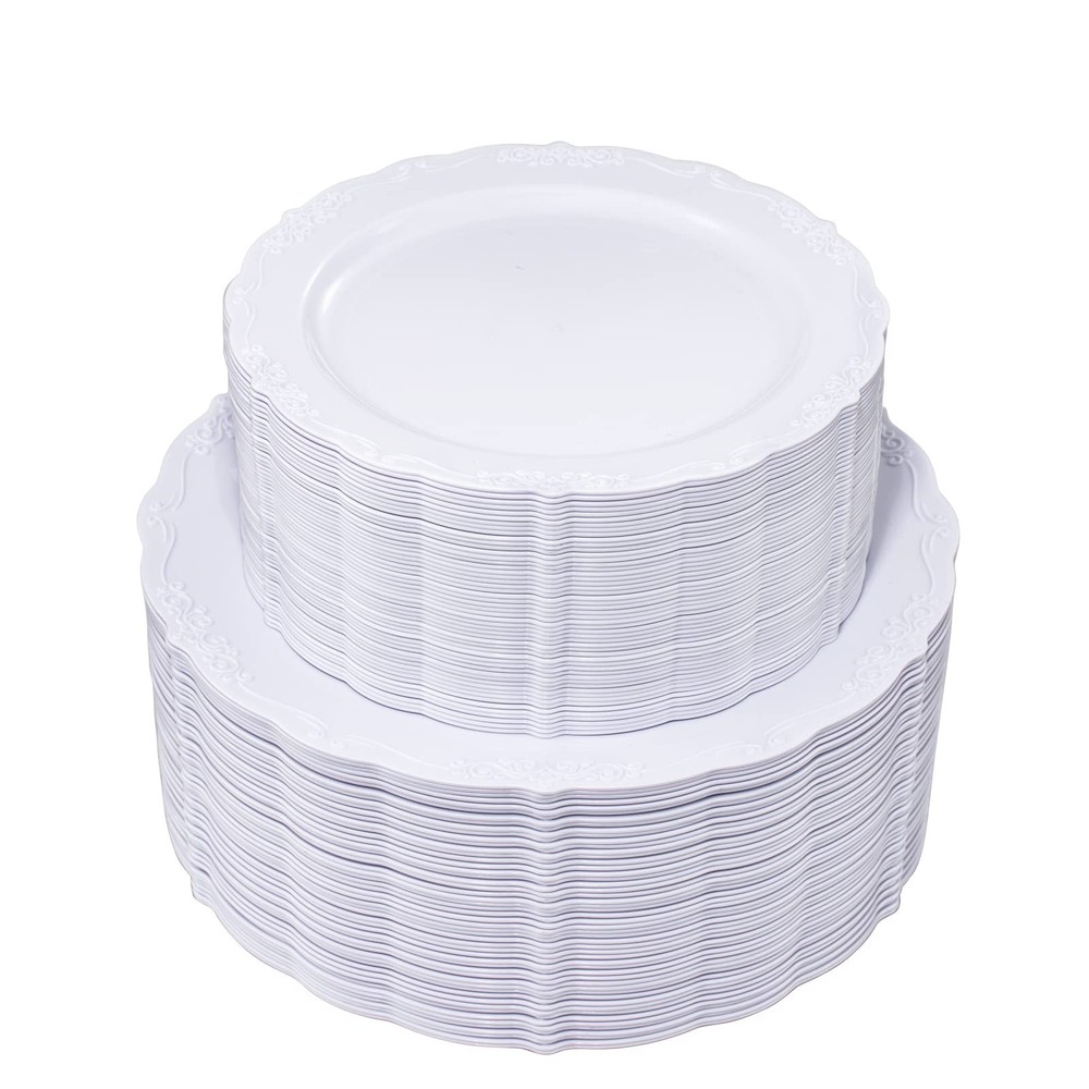 U-QE 100 Pieces White Plastic Plates – White Disposable Plates – Premium Hard…