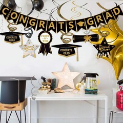 Graduation Hanging Swirl Banner Decorations, 22 Pcs Black Gold Silver Star