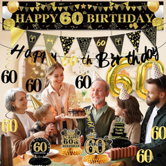 27Pcs 60Th Birthday Decorations for Men, Black Gold 60Th Party Decorations, Happ