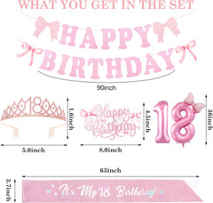 Pink Bow 18Th Birthday Decorations for Girls Happy 18Th Banner, Sash and Crow…