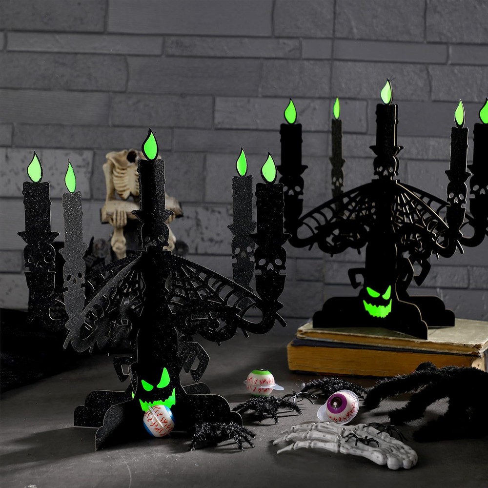 2 Set Felt Gothic Halloween Candelabra Table Decor with Glow Flame Black