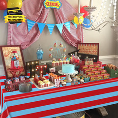 4 Pcs Red and Blue Striped Tablecloths, Carnival Circus Party Decorations, Plast