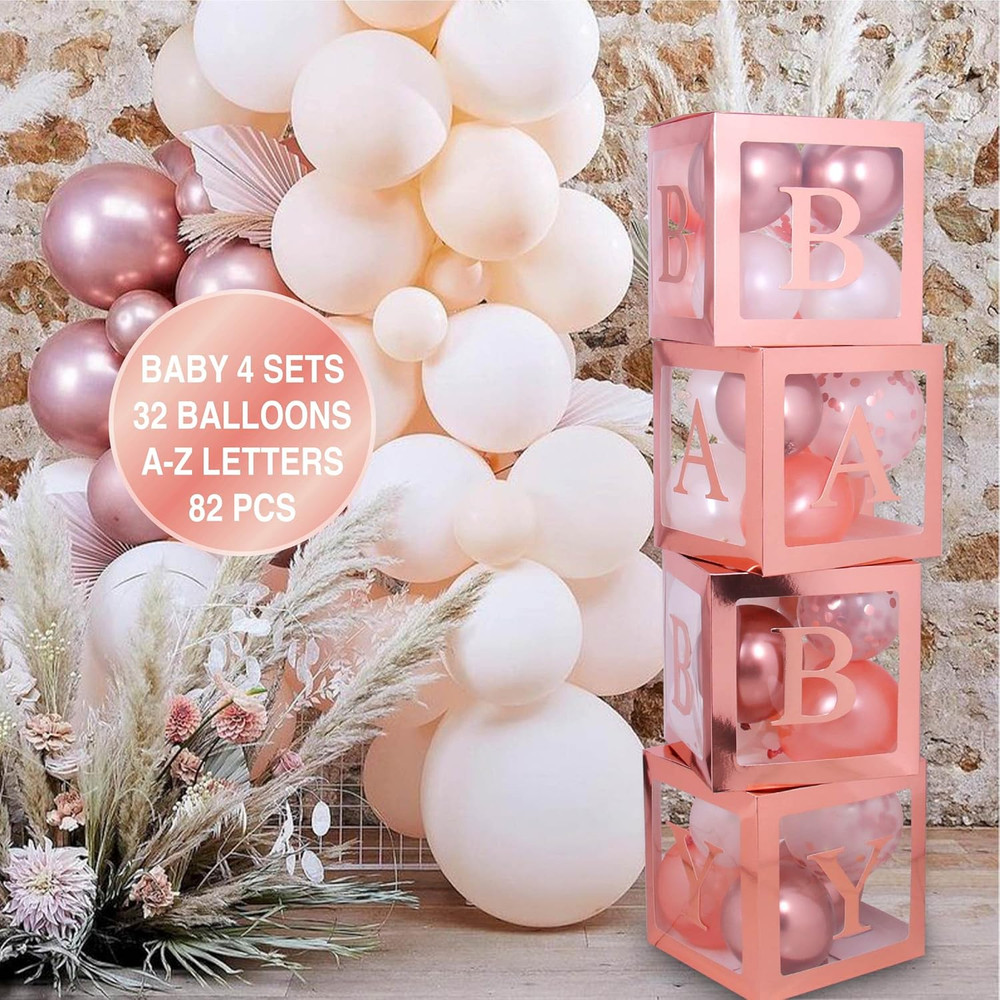 82PCS Rose Gold Baby Boxes with Letters for Baby Shower Decorations Rose Pink