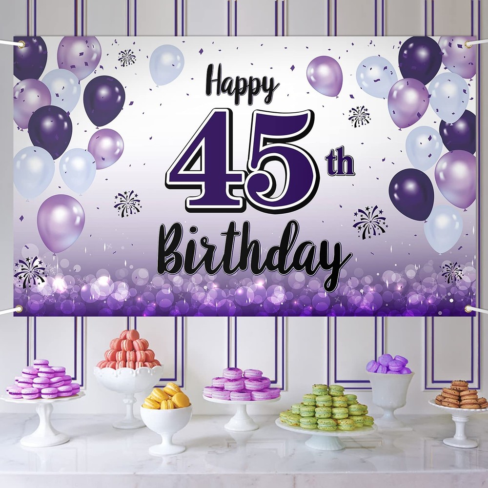 Happy 45th Birthday Decorations,45th Purple Balloon Large Birthday Banner Bac…