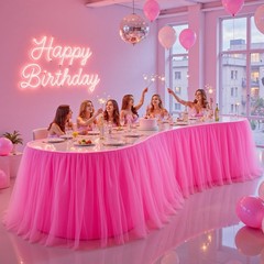 Partisky 9Ft Length Hot Pink Tulle Table Skirt For Rectangle Round Tables