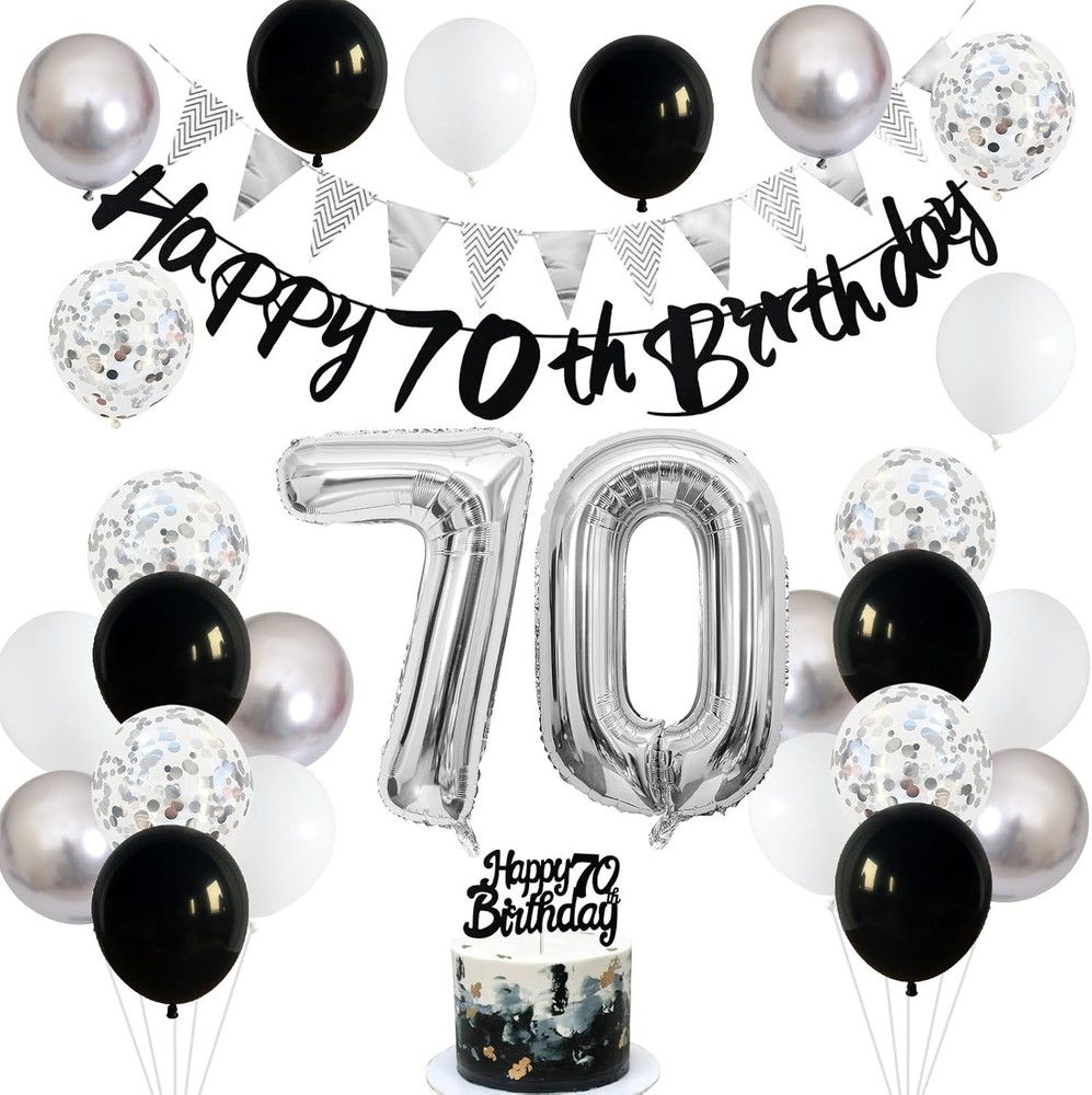 70th Birthday Decorations for Men Women, Black Silver White Birthday Balloons…