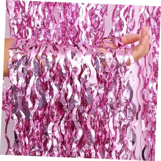 2 Pack 3.2×6.5 Feet Wavy Foil Fringe Backdrop Curtains, Tinsel Streamers Pink