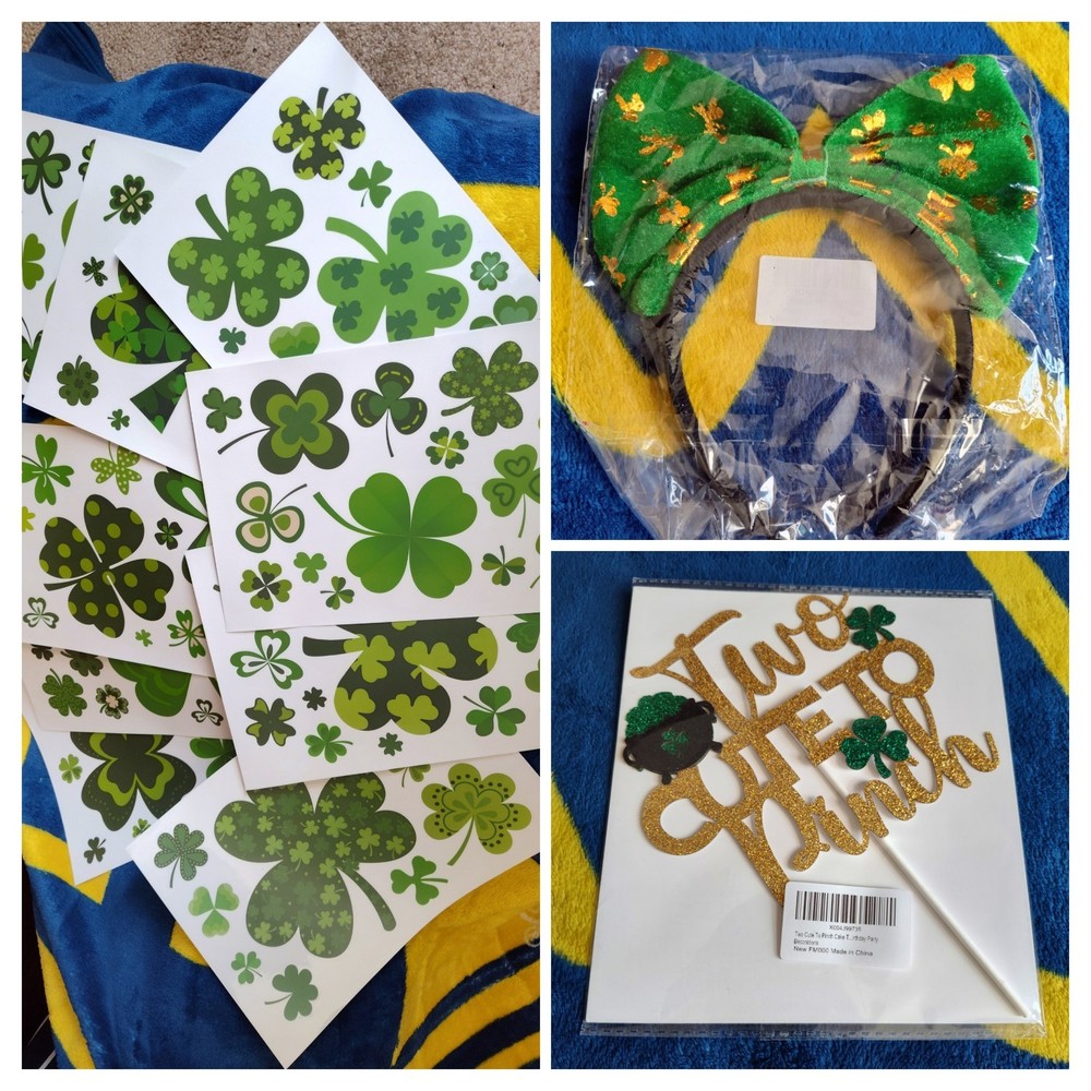 St. Patrick’s Day Bday Party Set Headband Window Clings Cake Topper 2yo Shamrock