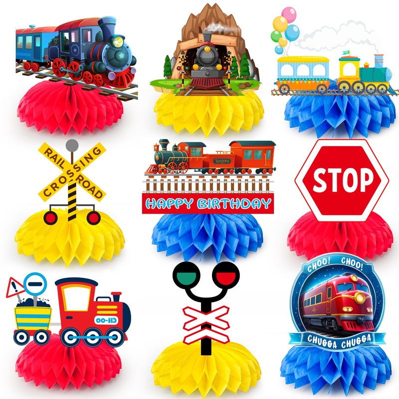 Train 3D Table Honeycomb Centerpiece Transportation Birthday Party Supplies Set