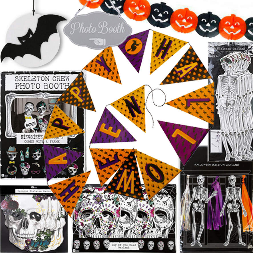HALLOWEEN SKELETON DECORATION Party Game Garland Mask Photo Booth Props Plaque