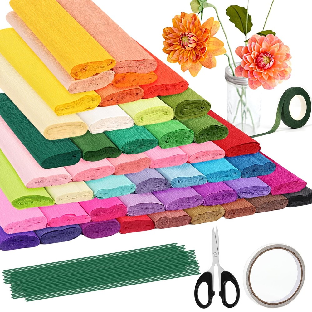 46 Colors Crepe Paper Rolls 10 x 98 Inch Flowers Kit 100 PCS Floral Iron Wire