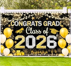 Graduation Decoration 2026 Hanging Banner Black Gold High School College