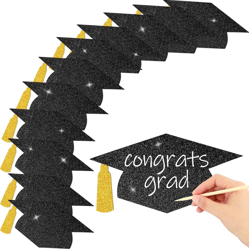 70 PCS Black Gold Grad Caps Glitter Cutouts Glue Points 5.7 Inch