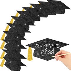 70 PCS Black Gold Grad Caps Glitter Cutouts Glue Points 5.7 Inch