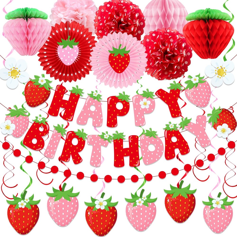 Strawberry Birthday Decorations for Girls, Red Pink White Strawberry Birthday…