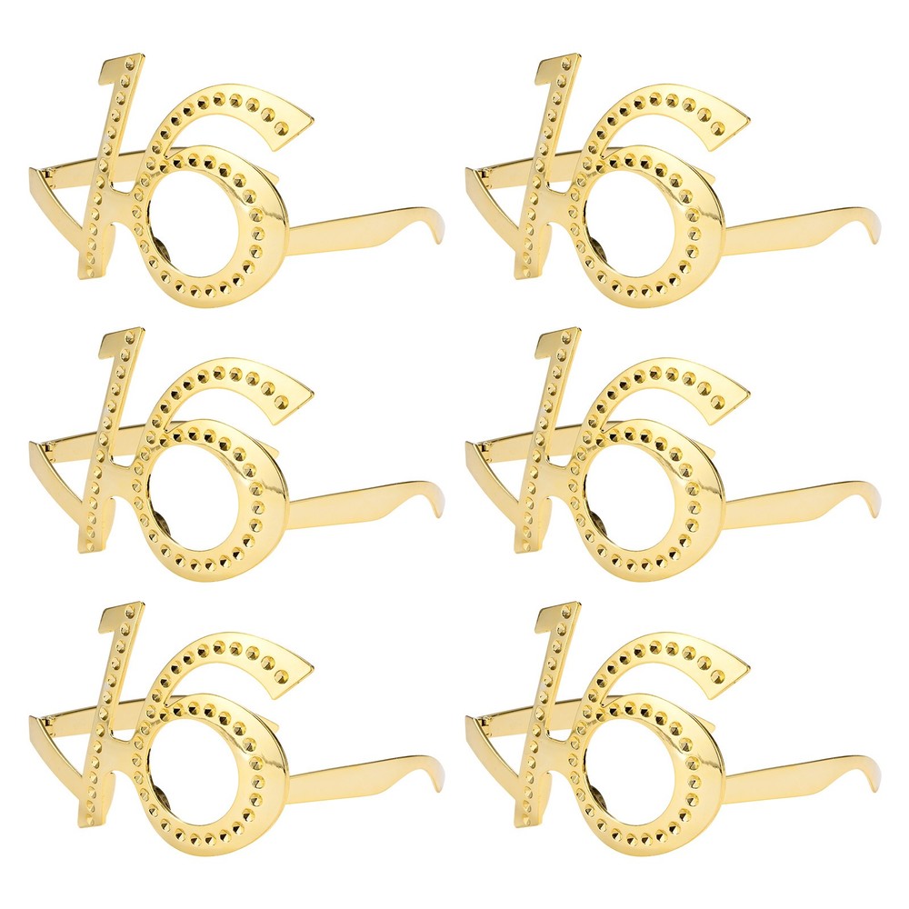 6-Pack Birthday Glasses with Rhinestones, 16th Photo Booth Props [Gold]