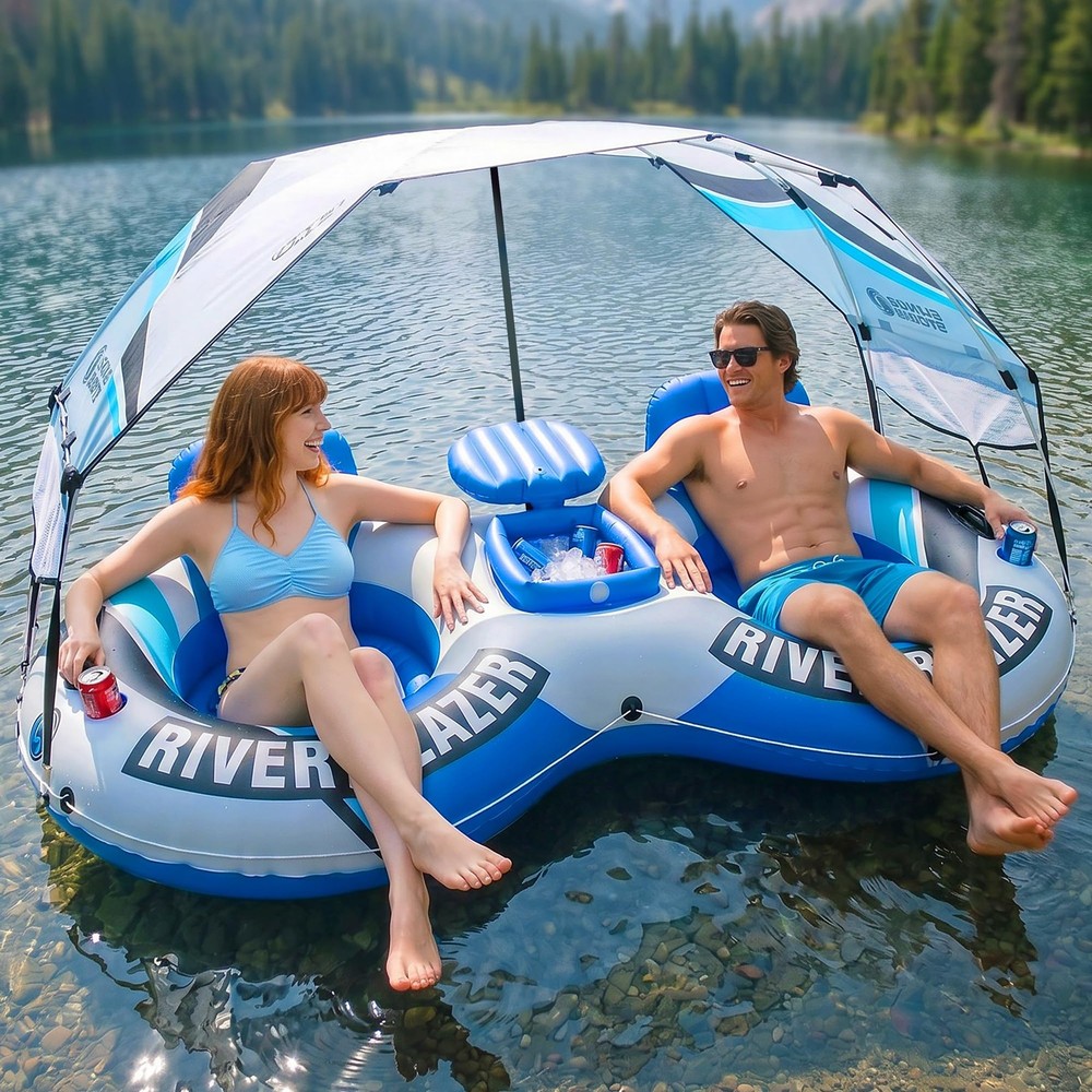 2 Person River Tube with UV Blocking Canopy – Sun Protection Double Water Flo…