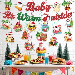 Summer Christmas Party Decorations Banner and Hanging Swirls | Baby It’s Warm