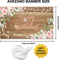 Rustic Wood Birthday Banner Happy Birthday Party Decorations Pink Floral Girls W
