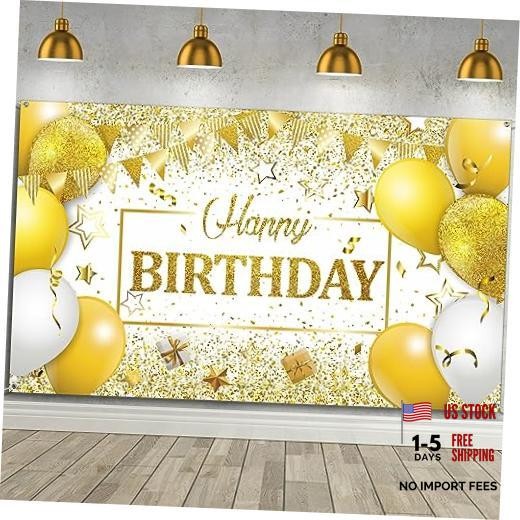 Happy Birthday Decorations Backdrop Banner for Men Women Boys White and Gold