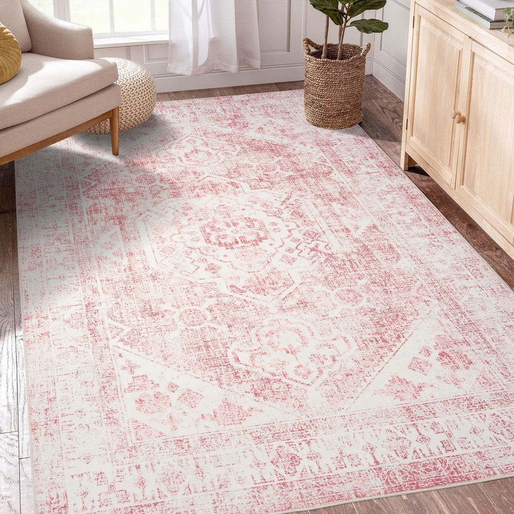 Area Rug – 3×5 Washable Pink Rug Honeycomb Non Slip Retro Rugs Soft Faux Wool…