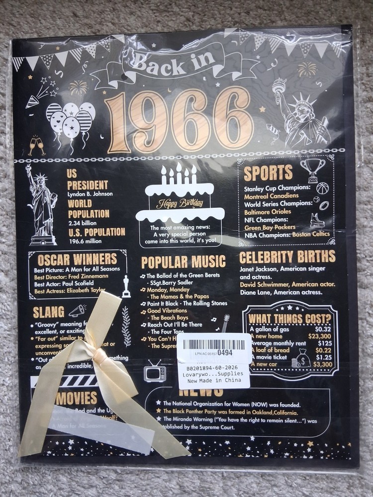 60th Birthday Decorations Back in 1966 Poster 11×14 Unframed Party Print