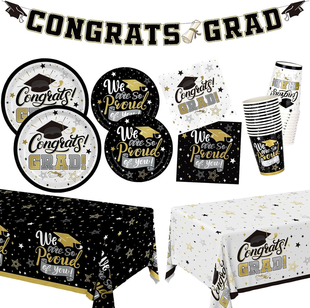 Graduation Decorations 2026 Black and Gold Grad Party Supplies with Disposable