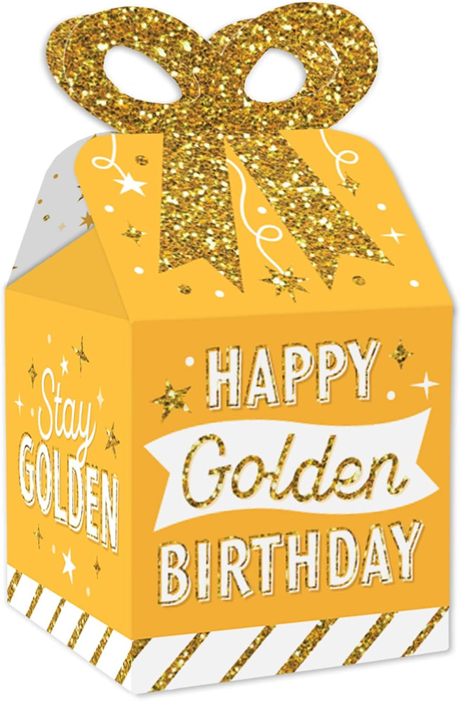 Golden Birthday – Square Favor Gift Boxes – Happy Birthday Party Bow Boxes – Set
