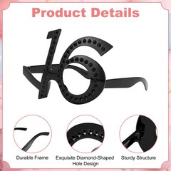 6-Pack Birthday Glasses with Rhinestones, 16th Photo Booth Props [Black]