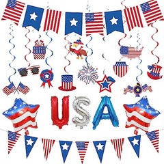 USA Party Decorations, Red Blue White Decorations with American Flag Banner,