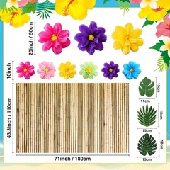 22 Pcs Hawaiian Beach Backdrop with Hawaii Paper Flowers Decorations Set 71 x 43