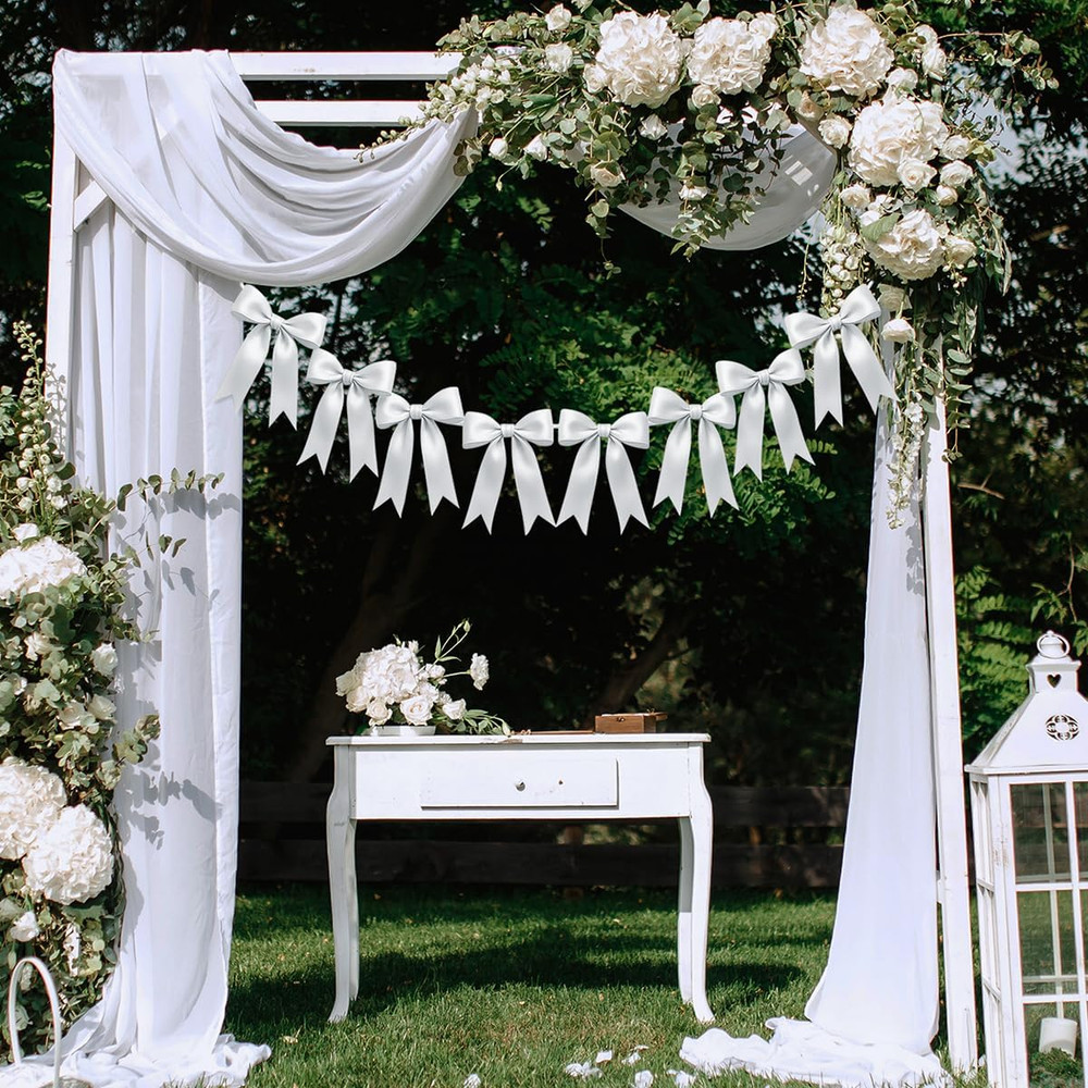 2 Strings of 16PCS White Bow Garlands Banner Decoration,Pre-Strung Satin Ribbon