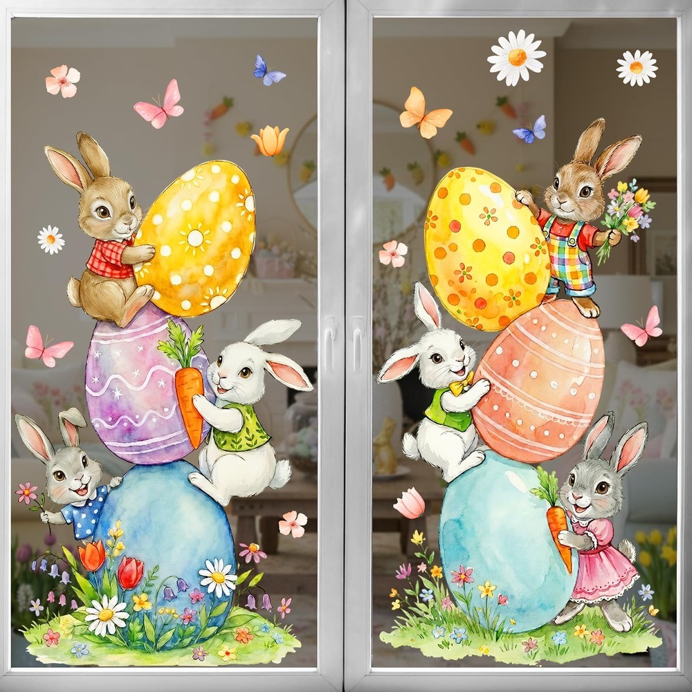 Easter Decorations Window Clings: Cute Stacked Little Bunny with Colored Eggs, R