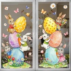 Easter Decorations Window Clings: Cute Stacked Little Bunny with Colored Eggs, R