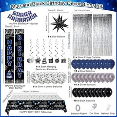 Blue & Black Birthday Party Decorations – Balloons, Banner, Tablecover, Fringe C