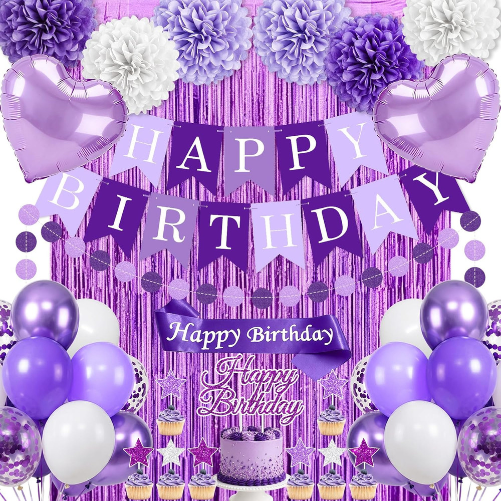 Purple Birthday Decorations, 50PCS Happy Birthday Decorations for Women Include