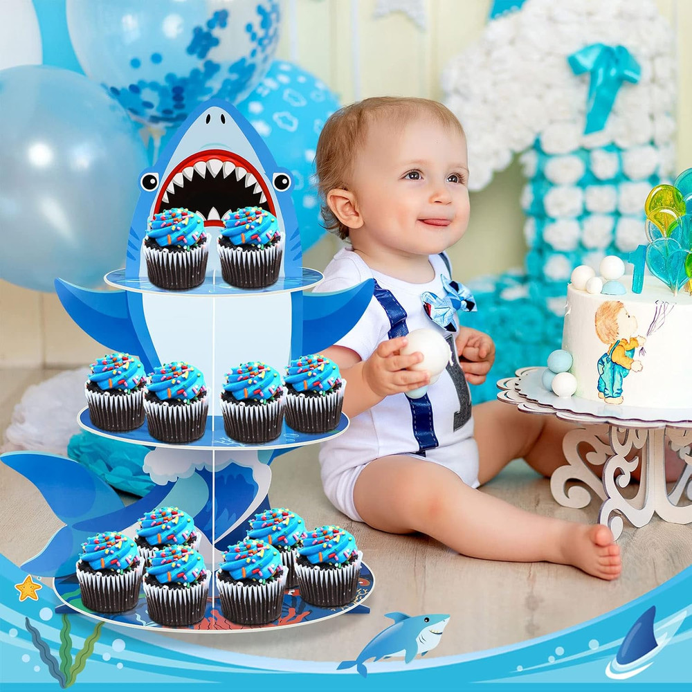 3 Tier Shark Party Cupcake Stand Decorations under the Sea Theme Cupcake Hold…