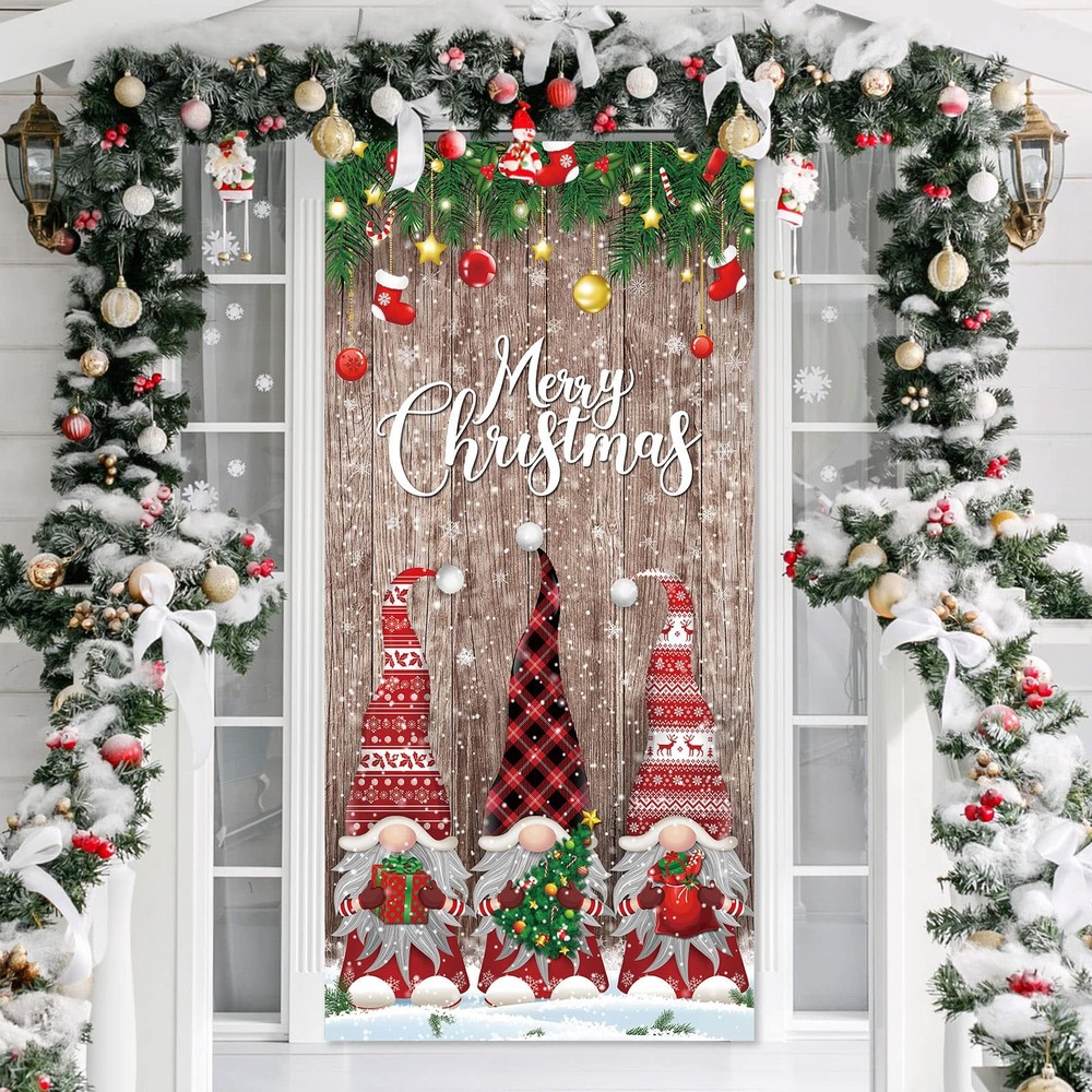 Merry Christmas Decorations Gnomes Snowflakes Ornaments Door Cover Gift 35″x71″