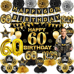30PCS 60Th Birthday Decorations for Men Women, Black Gold Vintage 1966 Banner Ho