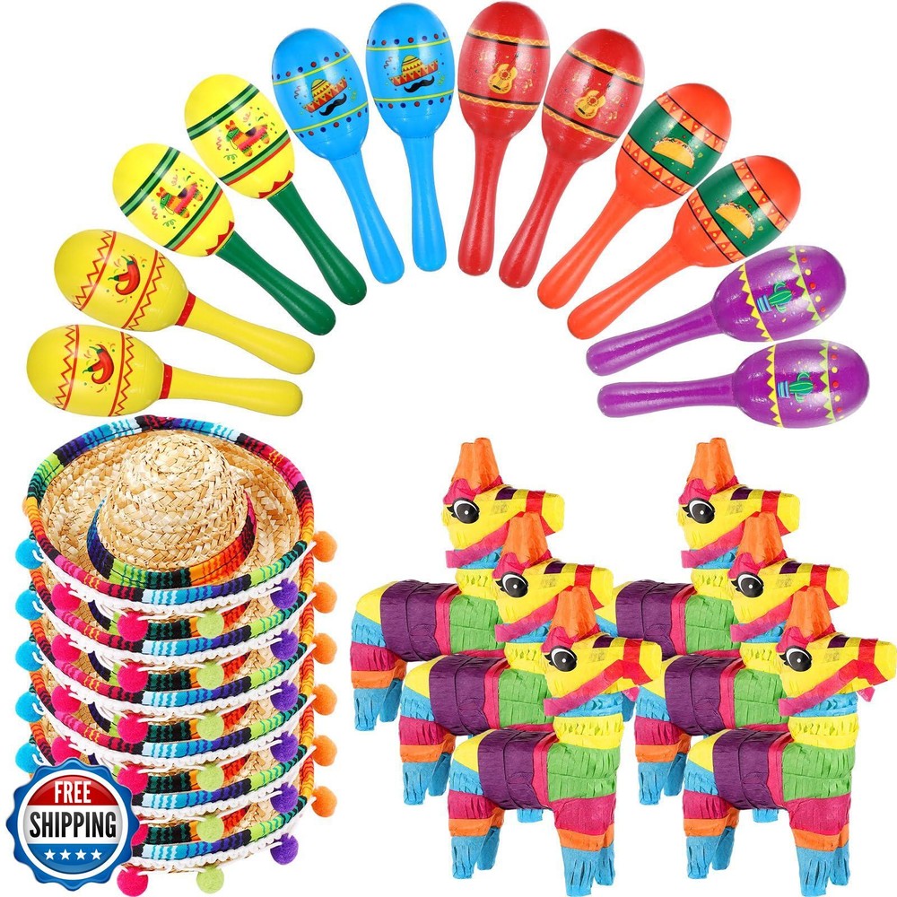 Hungdao 24 Pcs Mexican Fiesta Decorations Includes Mini Donkey Pinata Wooden