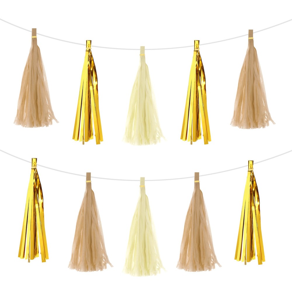 15Pcs Creamy White Light Yellow Bright Gold Tassel Garland Banner with Rope
