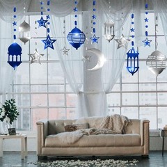 Cheerland Islamic Decorations Star Moon Lantern Garland Blue Silver
