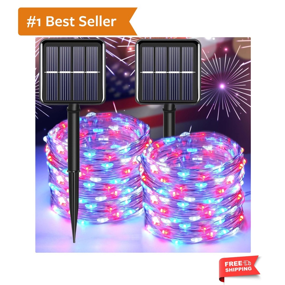 66ft Waterproof Solar Fairy Lights – 200 LED Red, White & Blue for Memorial Day