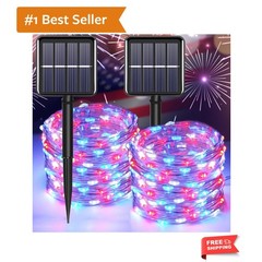 66ft Waterproof Solar Fairy Lights – 200 LED Red, White & Blue for Memorial Day