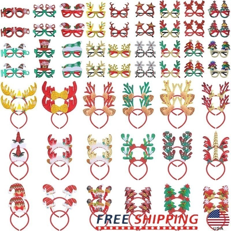 36 Pcs Christmas Headbands Glitter Glasses Santa Antlers Party Supplies Set New